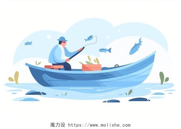 元素男人在船上钓鱼扁平AI插画湖面垂钓